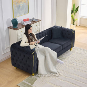 English Elm 86" Chesterfield Velvet Three Seat Sofa Button Tufted Rolled Arms Gold Legs Living Room Black W3373S00078