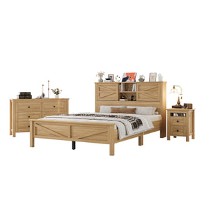 English Elm 3-Pieces Bedroom Set Full Size Farmhouse Platform Bed with Storage Headboard, Nightstand & Dresser Natural 46.25 L x 9.25 W x 9 H N733S369037M