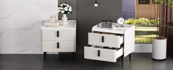 English Elm Nightstands with Marble-Pattern Top and Raised Guard, 2-Drawer Modern Bedside Tables for Storage Elegance White 23.4 L x 18.5 W x 9.06 H N733S332142K