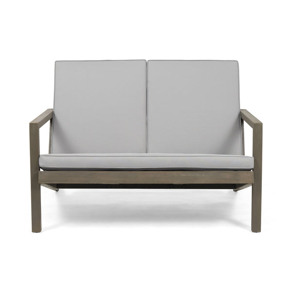 English Elm Christopher Knight Home® - LEAH 4PC Chat Set Beige Acacia Wood Outdoor Patio Sofa Chairs Loveseat Coffee Table, Water-Resistant Cushions 65909.00GRY