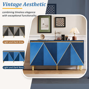 English Elm TREXM Retro Buffet Cabinet with Distressed Veneer, Dimensional Panel Doors, Solid Wood Legs, Storage, 65" Dark Navy,Light Navy N715P290575M
