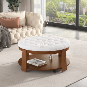 English Elm Modern Round Oversized Ottoman Coffee Table with Button Tufting, Waterproof Linen, Wheels & Lower Wood Shelf for Storage and Seating Ivory White N735P180224K