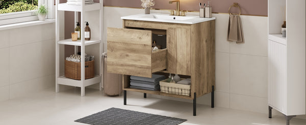 English Elm 30" Modern Wood Bathroom Vanity with Ceramic Sink, Soft-Close Door, Drawer Dividers & Open Shelf N710P247136P
