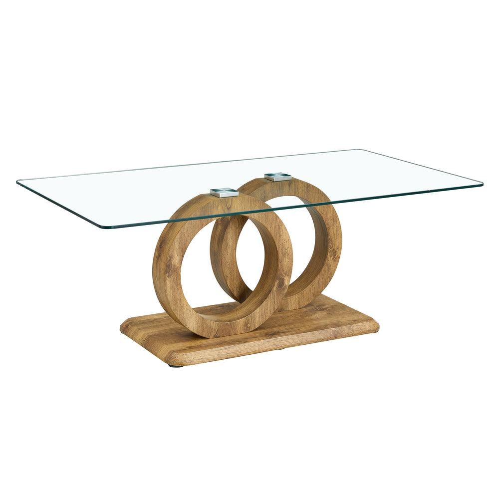 English Elm Modern Glass Top MDF Coffee Table with Interlocking Circle Base, Minimalist Living Room Centerpiece Natural Wood W3226P279048
