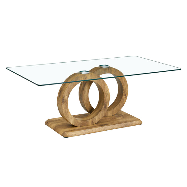 English Elm Modern Glass Top MDF Coffee Table with Interlocking Circle Base, Minimalist Living Room Centerpiece Natural Wood W3226P279048