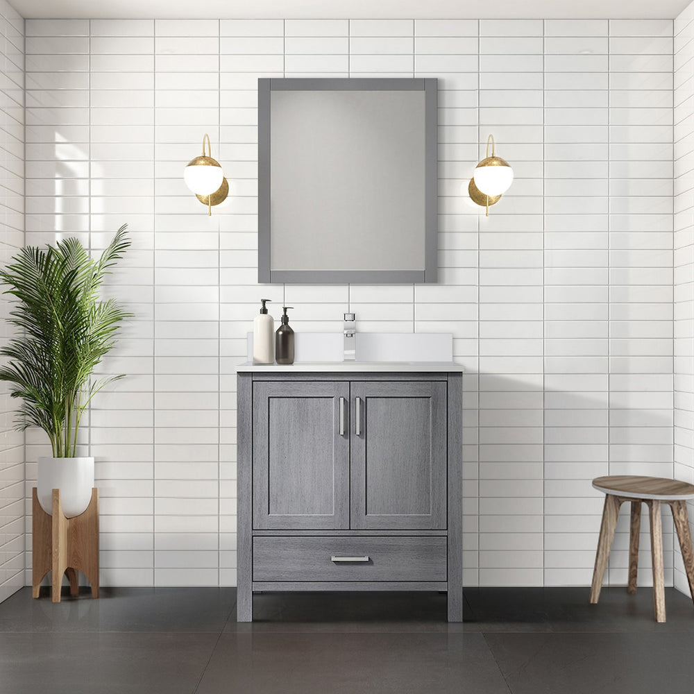 English Elm Distressed Grey 30 in Vanity with Cultured Marble Top, Chrome Faucet & 28x32 Mirror, Scratch-Resistant SurfaceDistressed Grey 30 in Vanity with Cultured Marble Top, Chrome Faucet & 28x32 Mirror, Scratch-Resistant Surface B2731S01326