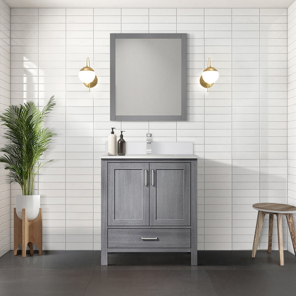 English Elm Distressed Grey 30 in Vanity with Cultured Marble Top, Chrome Faucet & 28x32 Mirror, Scratch-Resistant SurfaceDistressed Grey 30 in Vanity with Cultured Marble Top, Chrome Faucet & 28x32 Mirror, Scratch-Resistant Surface B2731S01326