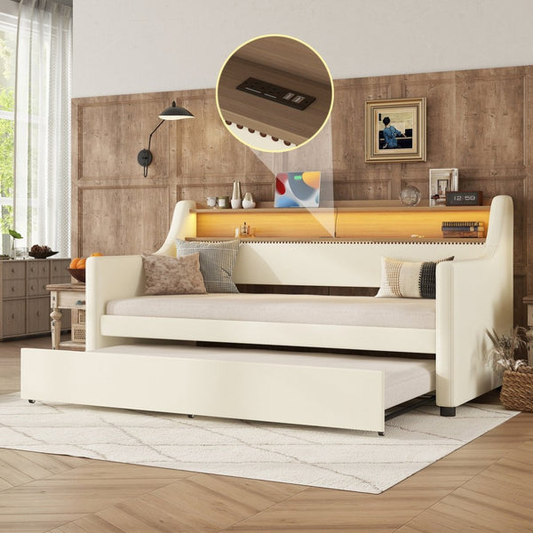 English Elm Twin Size Daybed With Trundle, Led Lighting & Charging Station For Stylish Sleepovers In White W1580S00024-GIGA