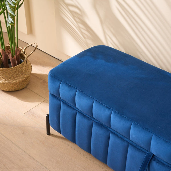 English Elm 49.21" Wide Velvet Upholstered Storage Bench with Lift Top and Slim Metal Legs Navy W3118P272644