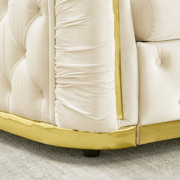 English Elm 2 Piece Velvet Chesterfield Sofa Set with Gold Steel Trim Button Tufted Living Room Couch Beige W1191S00102
