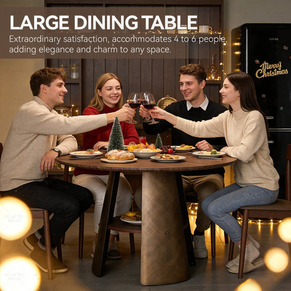 English Elm 47.25 Inch Round Dining Table Walnut Mdf Top Bronze Metal Frame Seats Six W3357S00001