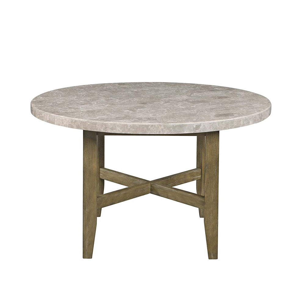 English Elm Marble Round Dining Table with Rustic Oak Base, Stain-Resistant Top, Classic Leg Design, Durable Elegance B016P329994