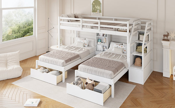 English Elm Twin Triple Bunk Bed White Pine Frame with Staircase Storage Drawers and Built Shelves GX000324AAK-1