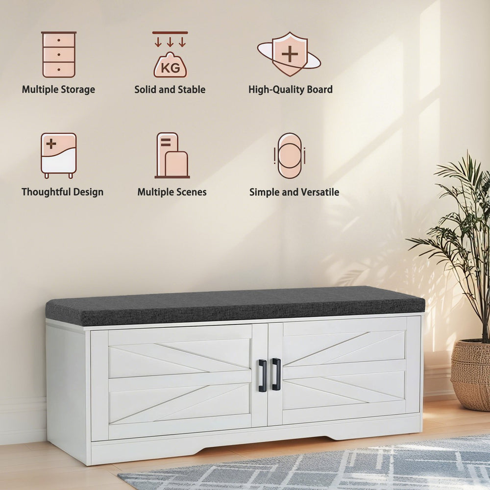 English Elm 2-Tier Farmhouse Storage Bench with Padded Seat, 2 Barn Doors & Adjustable Shelves for Entryway W3204P317308