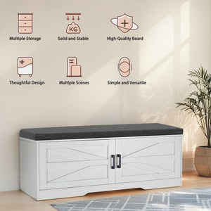 English Elm 2-Tier Farmhouse Storage Bench with Padded Seat, 2 Barn Doors & Adjustable Shelves for Entryway W3204P317308