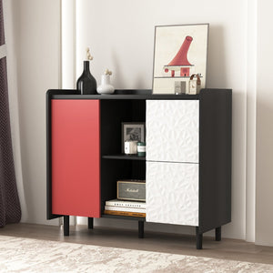 English Elm Sideboard Buffet Cabinet - Modern Black & Red Storage Solution With Unique Paneling For Home Decor W409P176588-GIGA