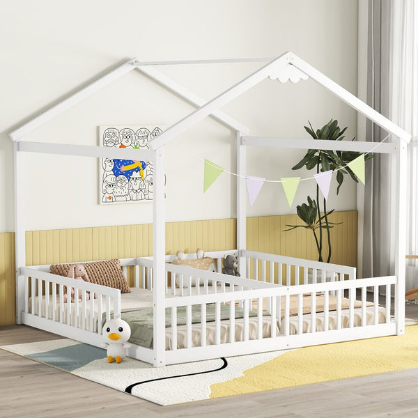 English Elm Double Twin House-Style Floor Bed with Fence Guardrails for Kids, Pine & Plywood Durable Design White W504P308460