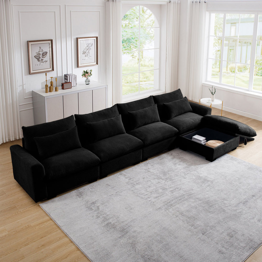 English Elm Large L Shape Corduroy Sectional Sofa with Storage Ottoman, Deep Seats, 4 Waist Pillows, Black W714S00852