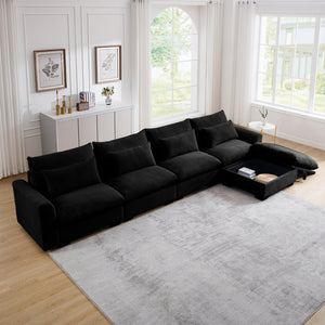 English Elm Large L Shape Corduroy Sectional Sofa with Storage Ottoman, Deep Seats, 4 Waist Pillows, Black W714S00852