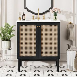 English Elm 30-inch bathroom vanity with handwoven rattan doors, ceramic sink, soft-close hinges, black bamboo elegance N729P285517B