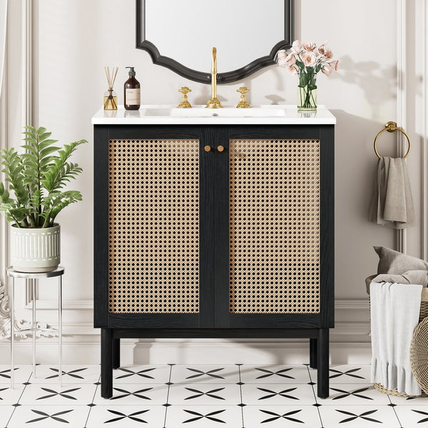 English Elm 30-inch bathroom vanity with handwoven rattan doors, ceramic sink, soft-close hinges, black bamboo elegance N729P285517B