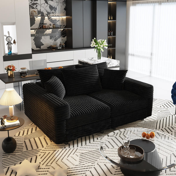 English Elm 82.7 Plush Corduroy 3-Seat Sofa – Modern Deep Seat Convertible Cloud Couch with Foam Pillows Black W1885S00145