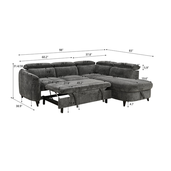 English Elm Sectional Convertible Sofa Bed with Pull-Out Sleeper and Large Under-Seat Storage, Modern Cozy Design Dark Gray W1417S00221