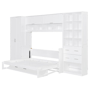 English Elm Full Size Murphy Wall Bed with Wardrobe Drawers Shelving for Studio Apartments LP000383AAK