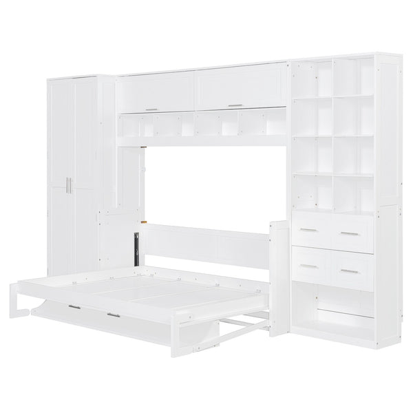 English Elm Full Size Murphy Wall Bed with Wardrobe Drawers Shelving for Studio Apartments LP000383AAK