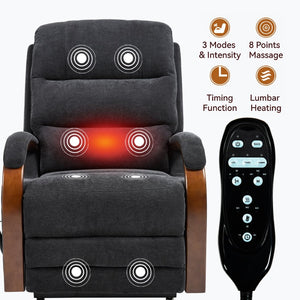 English Elm Power Lift Recliner Chair Chenille Upholstery Dual Motor Heat Massage Solid Wood Arms Black W1803S00076