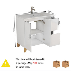 English Elm 36-inch Glossy White Bathroom Vanity with Ceramic Sink Soft Close Drawers Minimalist W3151S00068