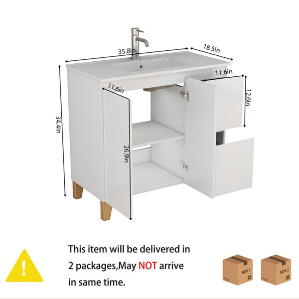 English Elm 36-inch Glossy White Bathroom Vanity with Ceramic Sink Soft Close Drawers Minimalist W3151S00068