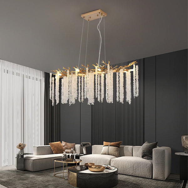 English Elm 39-inch Modern Golden Pendant Light with Cascading Crystal Strands, 8-G9 Sockets, Luxe Foyer & Dining Accent W1340P232979