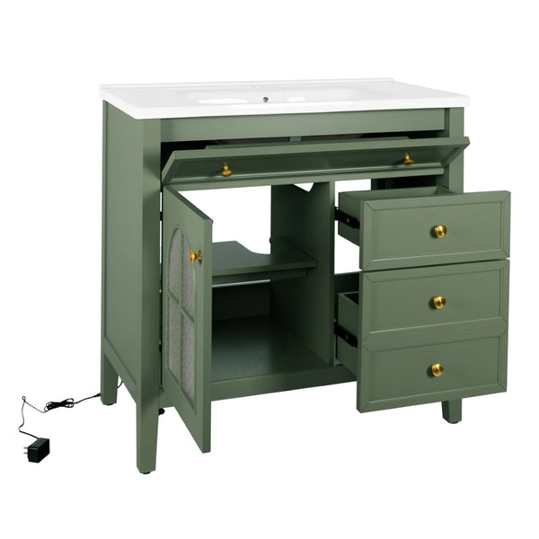 English Elm 35.6" Freestanding Bathroom Vanity with Roman Column Base and Ceramic Integrated Sink Green W1801S00010