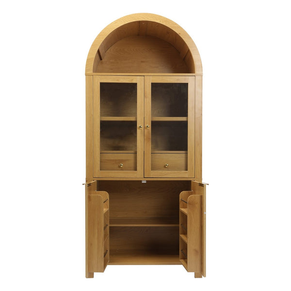 English Elm 71" Arched Glass Barn Door Pantry Cabinet Farmhouse Mdf Storage for Kitchen Dining Oak W2917S00015