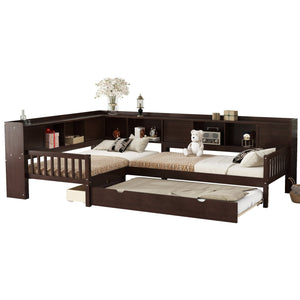 English Elm L-shaped Twin Platform Bed with Trundle, Solid Wood Corner Sleeper with Drawers, Shelves, No Box Spring Needed Espresso W1580S00261