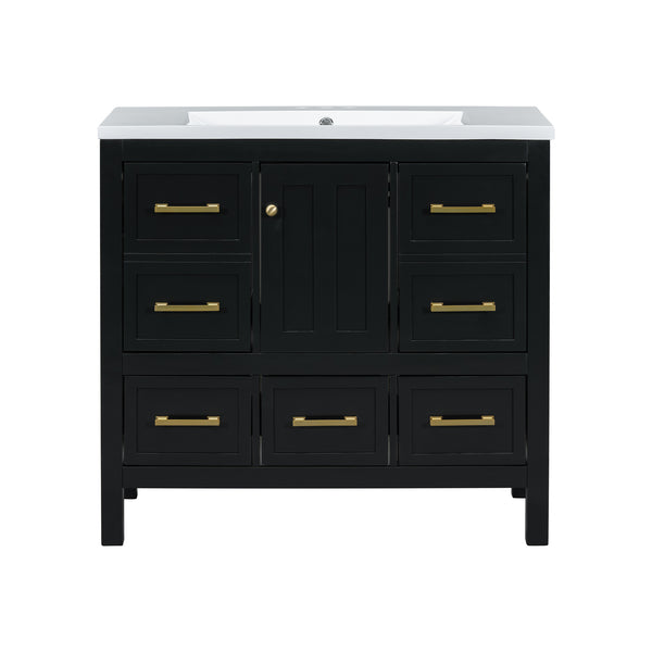 English Elm 36'' Bathroom Vanity with Resin Sink, Solid Wood Frame, 5 Drawers, Soft-Close Doors, Gold Knobs, Spacious Storage Black SW000142AAB-1