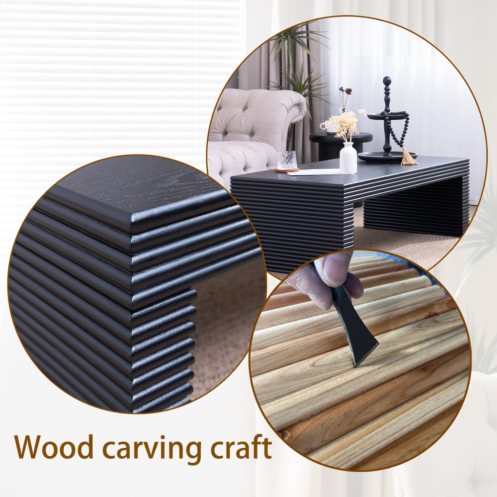 English Elm 47.6" Black Ribbed Coffee Table — 47.6" Rectangular Low-Profile Center Table, Textured Modern Style W2729P309446