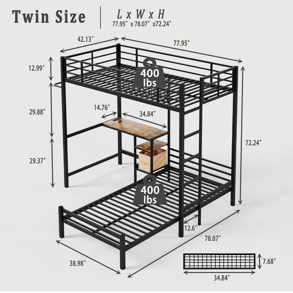 English Elm Metal Twin Over Bunk Bed with Full Guardrail Ladder and Convertible Iron Frame W3752S00010