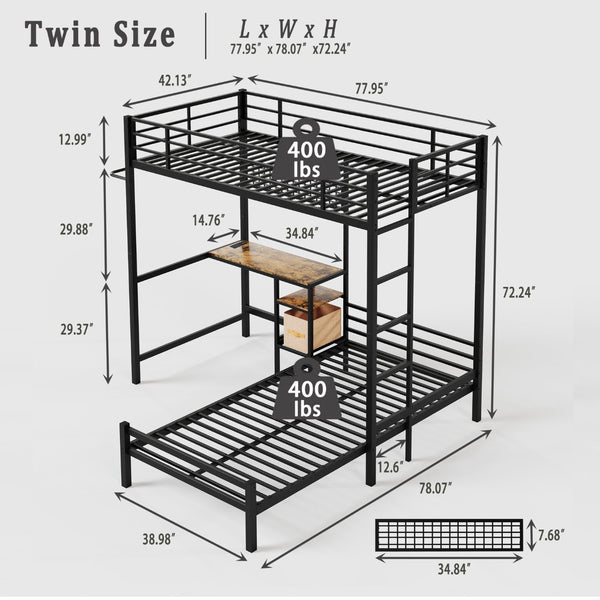 English Elm Metal Twin Over Bunk Bed with Full Guardrail Ladder and Convertible Iron Frame W3752S00010