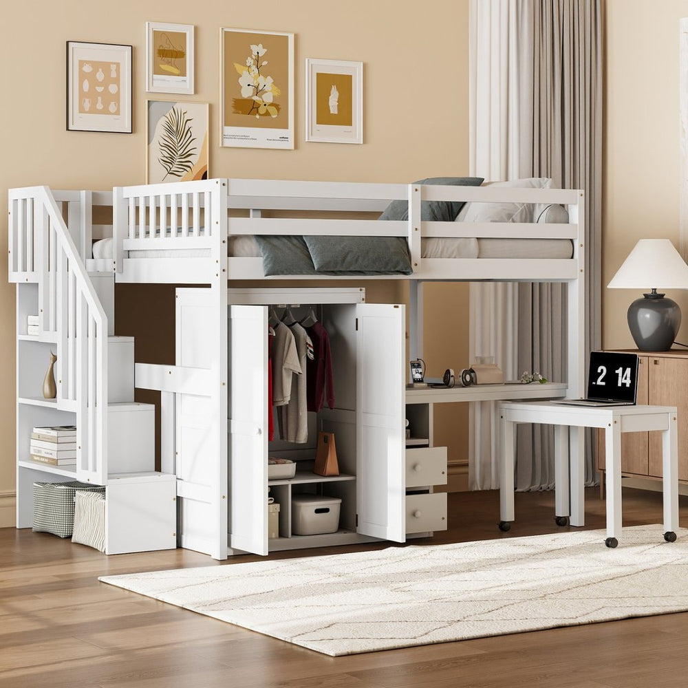 English Elm Queen Murphy Bed with Integrated Desk Cabinet Shelves Space Saving Studio Solution White N708S00014K