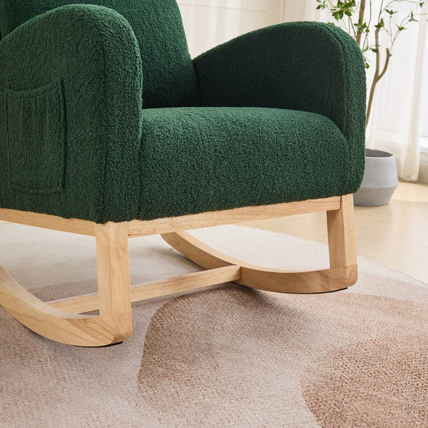 English Elm 27.2"W Rocking Chair Sherpa Glider with High Back and Side Pocket, Cozy Foam Seat, Rubber Wood Legs Green W3188P304605