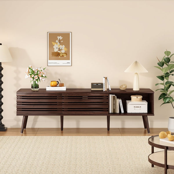 English Elm Mid Century Modern Fluted Wood Media Console with Storage Cabinets for Living Room Walnut T3623P435374