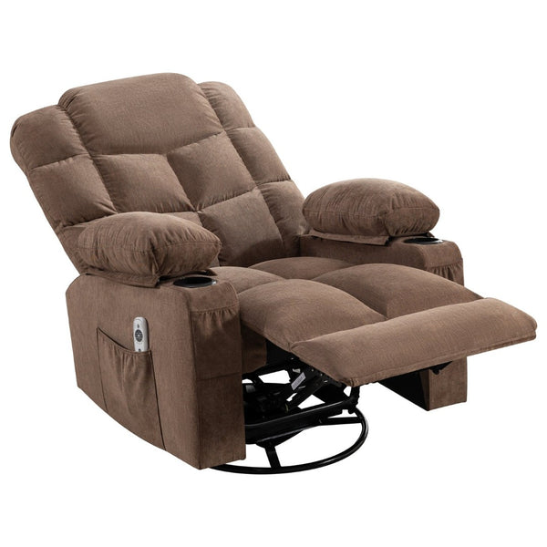 English Elm Oversized Swivel Recliner with Massage Heating Linen Upholstery and Usb Port Brown W1521P411662