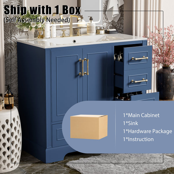 English Elm 36" Traditional Bathroom Vanity with Ceramic Sink, Solid Wood Cabinet, Soft-Close Doors & Drawers Blue N729P251630C