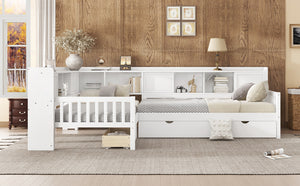 English Elm L-shaped Twin Platform Bed with Trundle, Solid Wood Corner Sleeper with Drawers, Shelves, No Box Spring Needed White W1580S00259