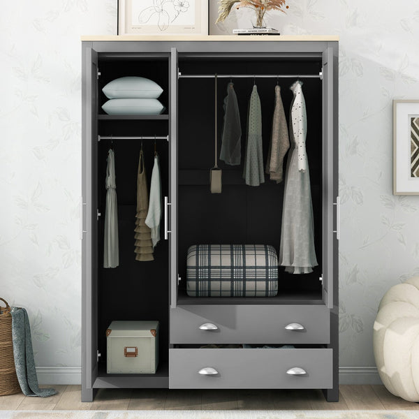 English Elm Three Door Pine Wardrobe with Two Drawers & Dual Hanging Rods, Gray Storage Armoire for Closet Organization, Sturdy MDF Build GX001834AAE