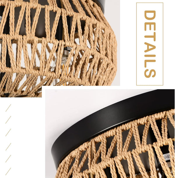 English Elm 3-Lights Woven Rattan Flush Mount Ceiling Light, Hand-Woven Cage Shade, Eco-Friendly Boho Fixture W2738P185409