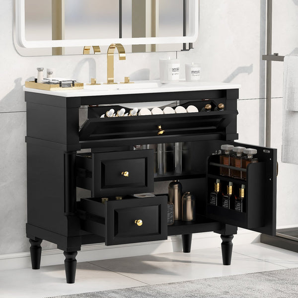 English Elm 36" Bathroom Vanity With Elegant Ceramic Sink, Adjustable Storage, And Sleek Black Finish For Modern Style N725P356064B