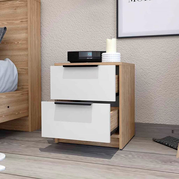 English Elm White Two-tone Oak Nightstand with Dual Drawers for Modern Scandinavian Bedrooms B062P431137